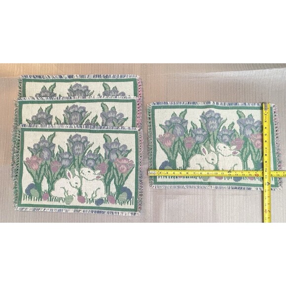 Vintage Woven Easter Placemats – Tulips & Bunny – 18"x12"- W Fringe Set of 4 EUC - Picture 5 of 10